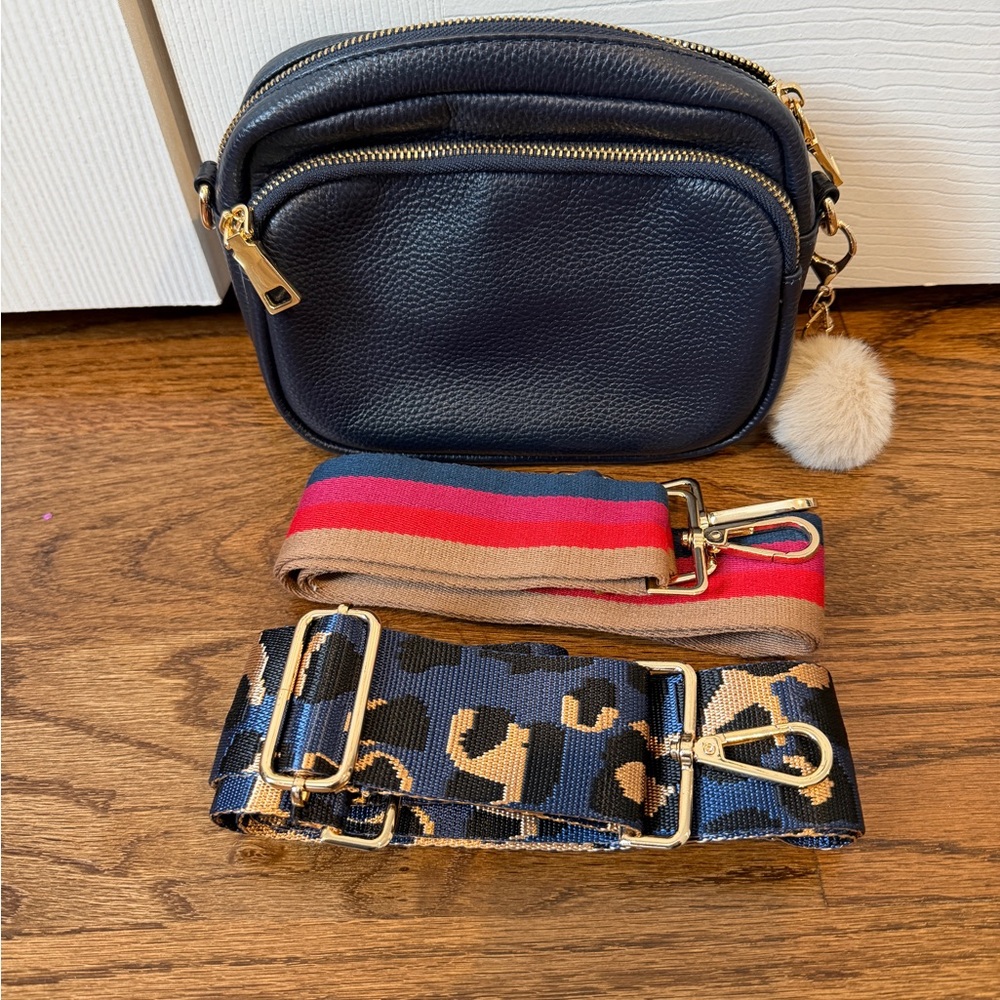 Pom Pom London navy pebbled Leather Crossbody Bag with Gold Accents and 2 straps